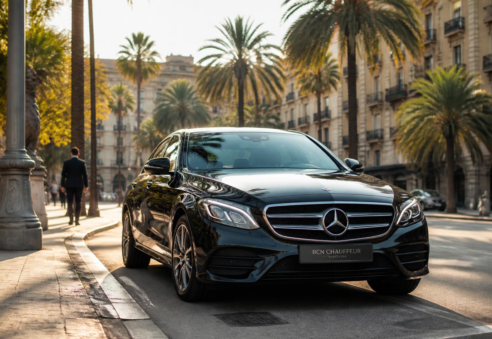 Black Mercedes chauffeur car on a Barcelona avenue